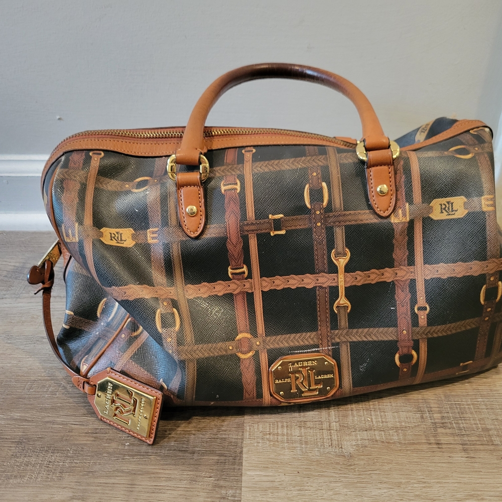 Ralph Lauren Brown and Black Duffel Bag with Leather Accents